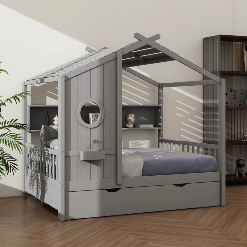 Lit en bois de conception moderne avec lit gigogne et tablette de rangement, gris, Double