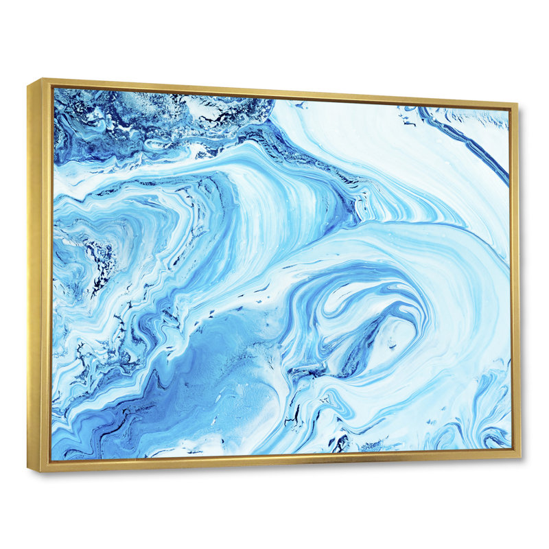 Encre liquide bleue et blanche II, reproduction sur toile, H 30 po x l 40 po, Toile à cadre flottant doré