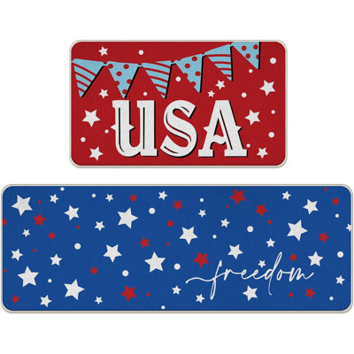 4Th Of July USA Patriotic Kitchen Rugs Set Of 2, America Freedom Red Blue Stars Polka Dot Flag Kitchen Mats Decor, American Floor Door Mat Home Decora -  Ebern Designs, 081E84EFFD8247B6950BB4A0055CFFC3