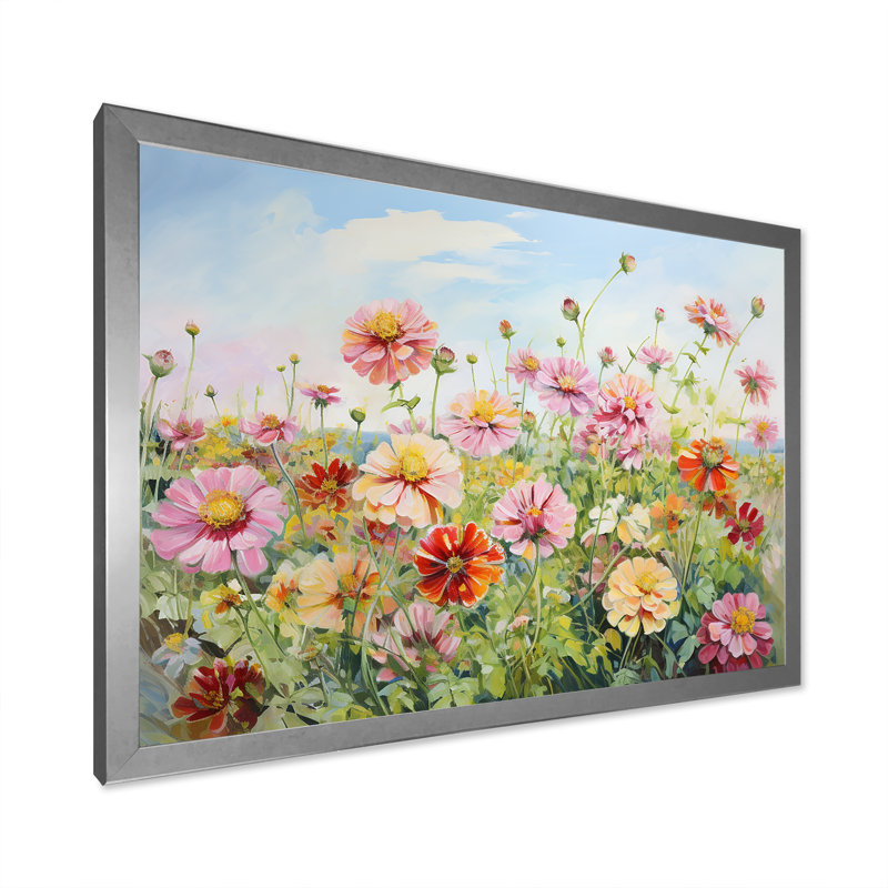 Zinnias Country Charm sur toile, Cadre simple argenté, H 24 po x l 32 po x P 1 po