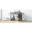Lit mezzanine en métal avec rangement en fer et tablettes en MDF et garde-robe ouverte