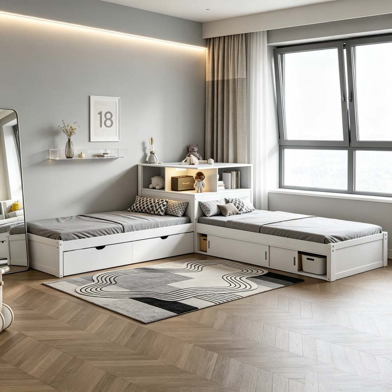 Lit plateforme en L avec rangement, bureau, lit gigogne et lumière DEL, Blanc