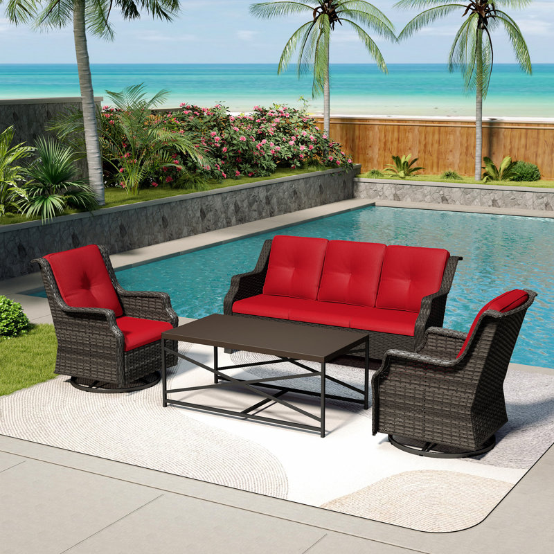 5-Person PE Wicker Outdoor Patio Set with Sofa,Swivel Chairs,Coffee Table & Red Cushion, Red