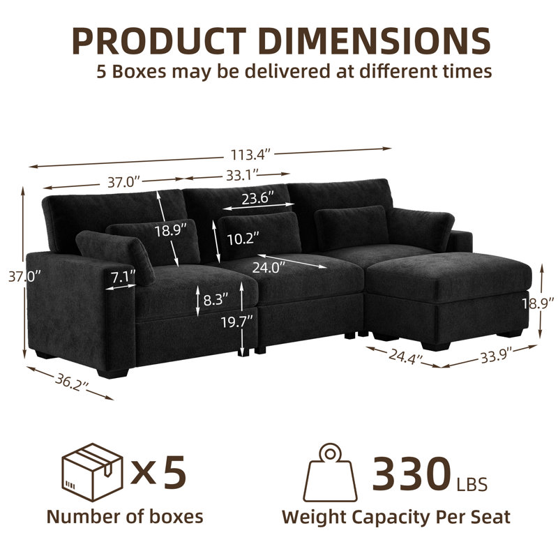 Canapé modulaire simple 113 po avec 3 repose-pieds, mousse haute densité Simple Modern, 3, Chenille noir