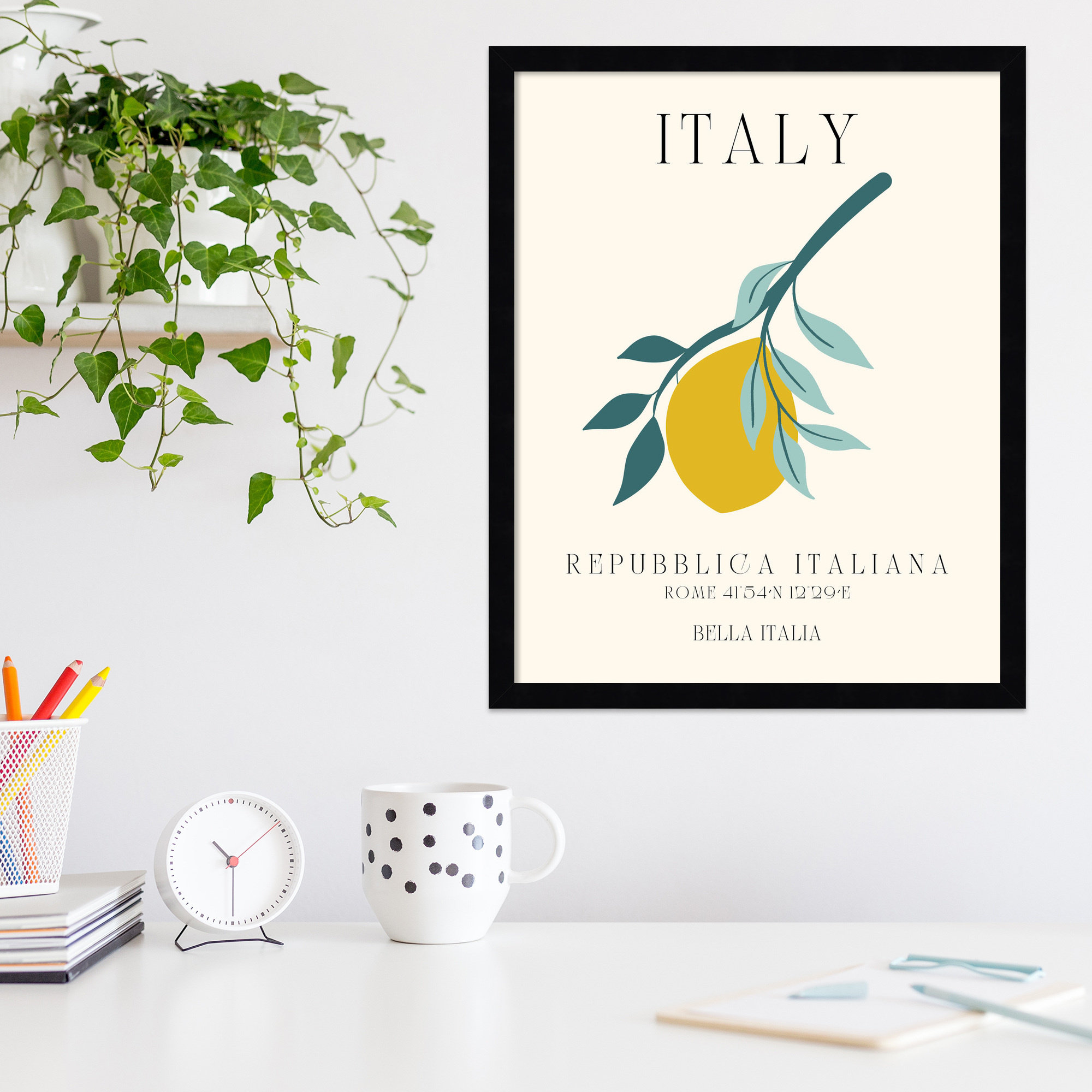 Italy Travel Poster Bella Italia by Chayan Lewis, 17" W x 21" H x 1" D, Black Framed