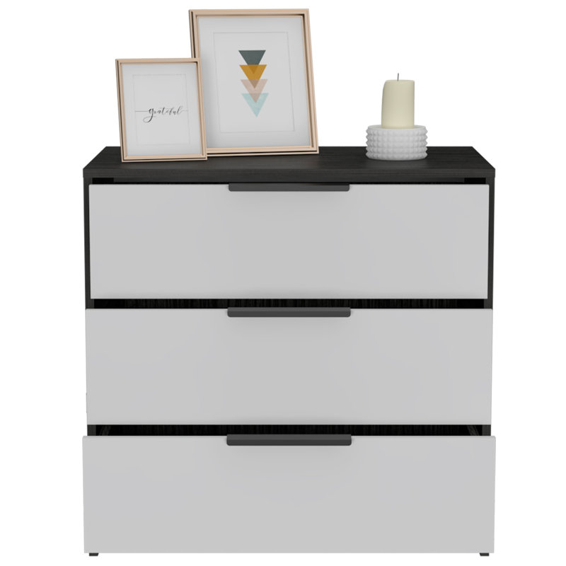 Commode compacte à trois tiroirs Kaia, option de rangement dans la chambre à coucher, Gris / chêne
