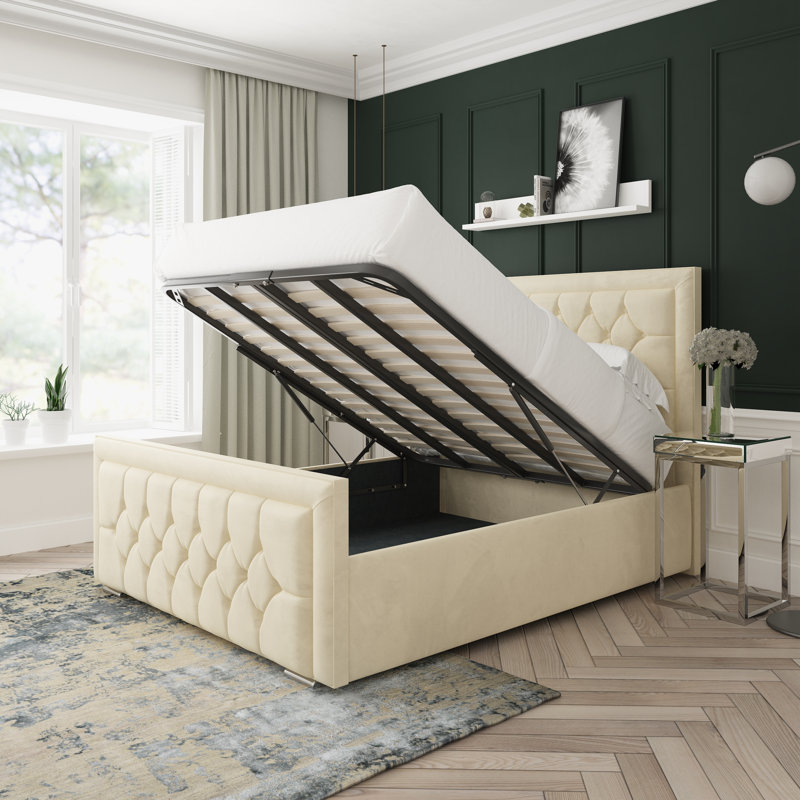 Maple Plush Velvet Upholstered Ottoman Bed Frame, Cream, Double (4'6)