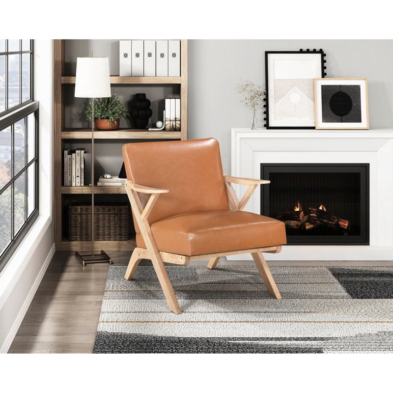 Chaise d'appoint en similicuir brun, base en bois massif naturel pour chaise avec cadre en bois d'hévéa et salon