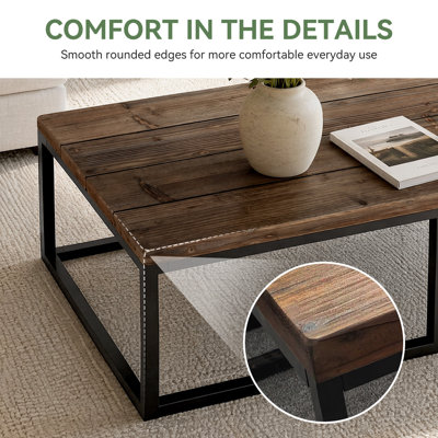 55" Rustic Solid Wood Coffee Table with Black Iron Frame, Industrial Farmhouse Rectangular Coffee Table for Living Room