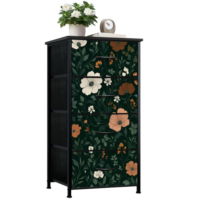 Commode pour chambre à coucher avec 4 tiroirs de rangement Fleurs blanches, roses, orange, orange, vert foncé Commodes Commode en tissu avec cadre en acier pour chambre d'enfant