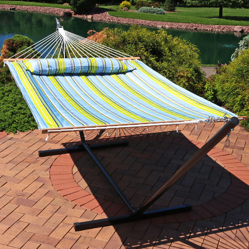 Hamac de bar en polyester matelassé pour 2 personnes avec support Mullin - bleu / vert, Bleu / vert
