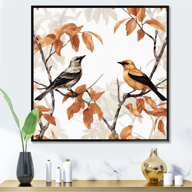 «Brown Birds On Trees I», reproduction d'art sur toile, 30" H x 30" W, Cadre flottant noir