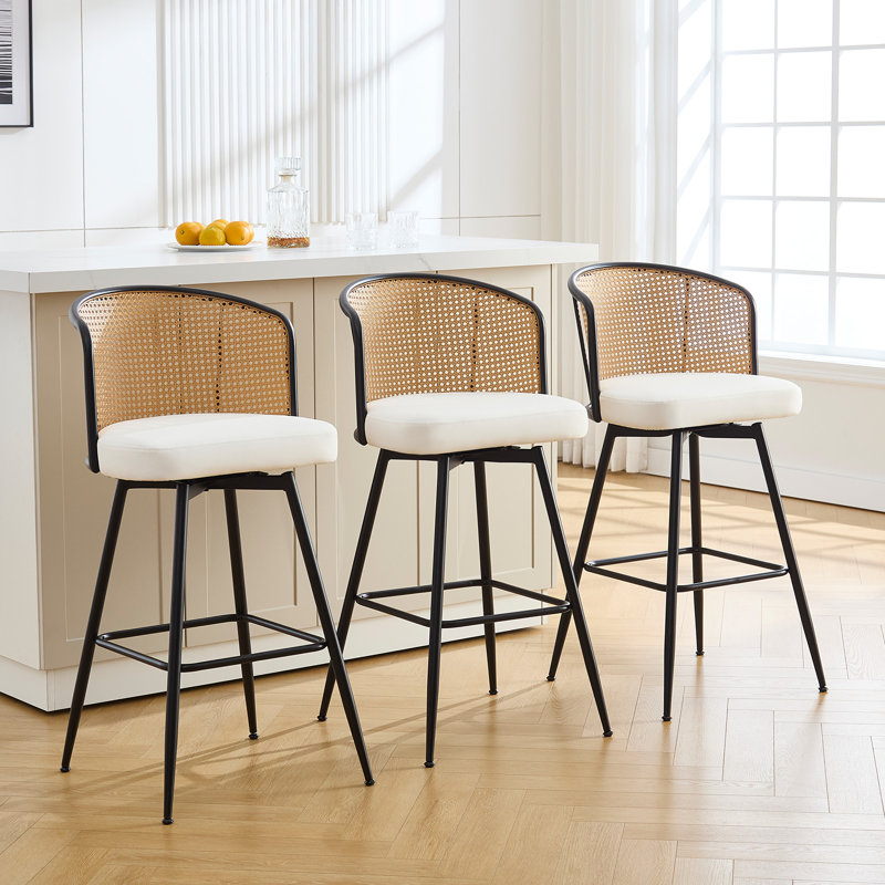 Cane Back Swivel Upholstered  Stool, Bar Stool (29” Seat Height), Cream