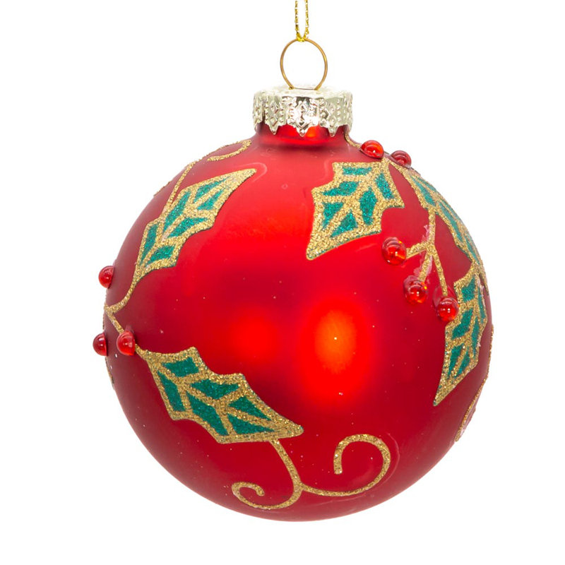 80MM Red Glass Ball Ornaments with Holly Leaves and Rhinestones, Set of 6