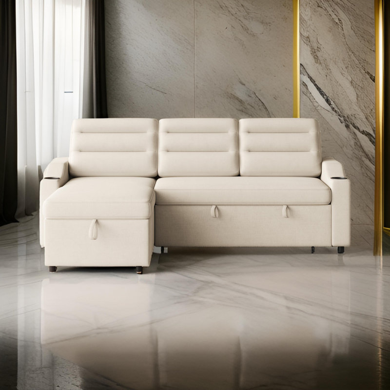 Canapé-lit 85,8 po avec lit escamotable avec port de charge, espace de rangement, Tissu beige