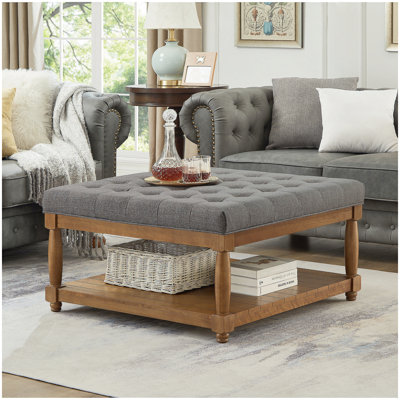 Large Square Upholstered Tufted Linen Ottoman Coffee Table, Large Footrest Ottoman with Solid Wood Shelf- Granite