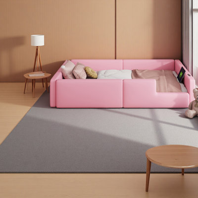 Twin Size Upholstered Platform Bed With Guardrail And Charging Station