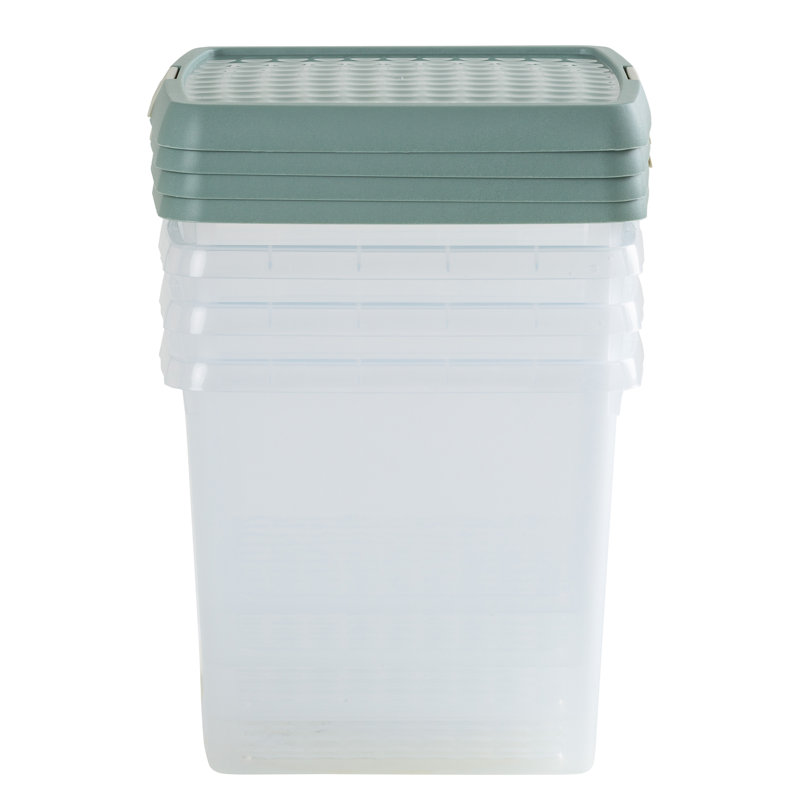 Wham Clip 14L Square Plastic Storage Boxes with Secure Clip Lock Lids. L:29 x W:29 x H:26cm, Clear/Stone/Slate Grey