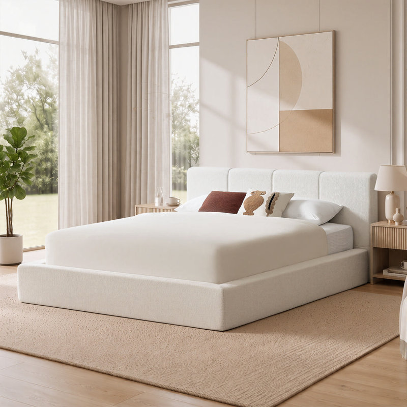 Base de lit tapissier Compression Cloud avec tête de lit à panneau linéaire, base de lit rembourrée de mousse, aucun sommier requis
