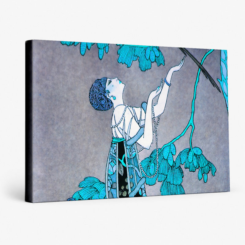 Femme avec oiseau et cage à oiseaux, 18" W x 12" H