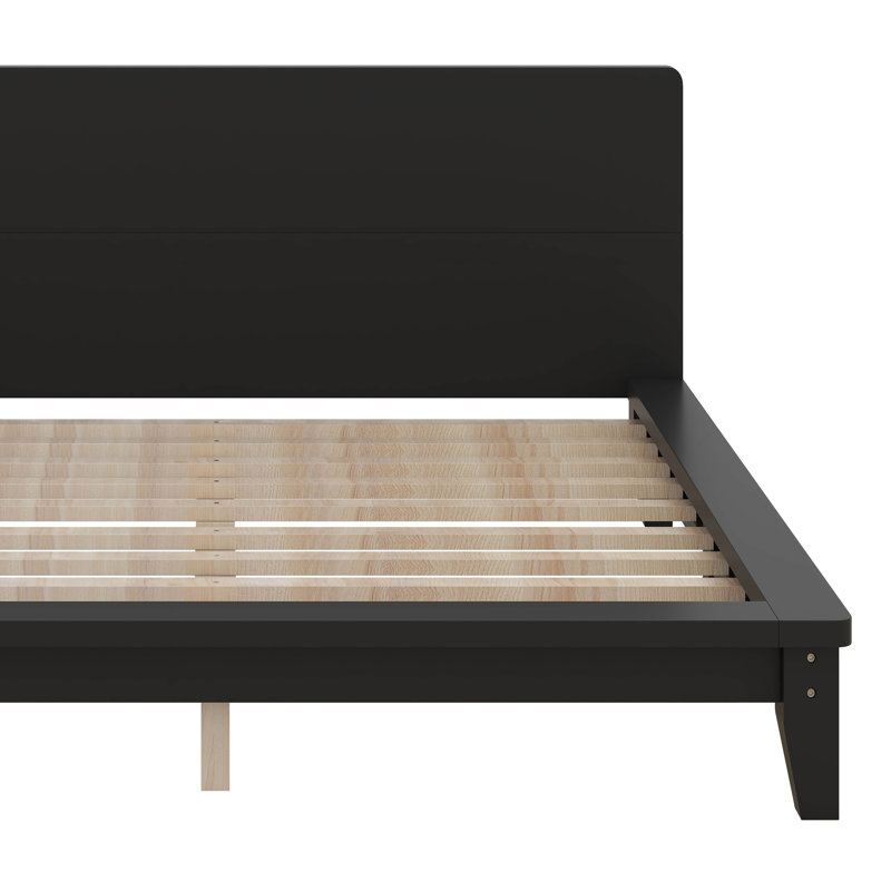 Wood Bed Frame With Solid Headboard, Black, Queen