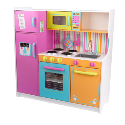 Deluxe Big and Bright Wooden Play Kitchen with Play Phone, Neon Colors
