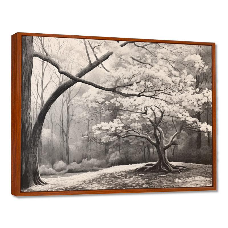 Cornouiller blanc et gris en hiver - art mural floral grand, H 34 po x l 44 po, Cadre flottant brun