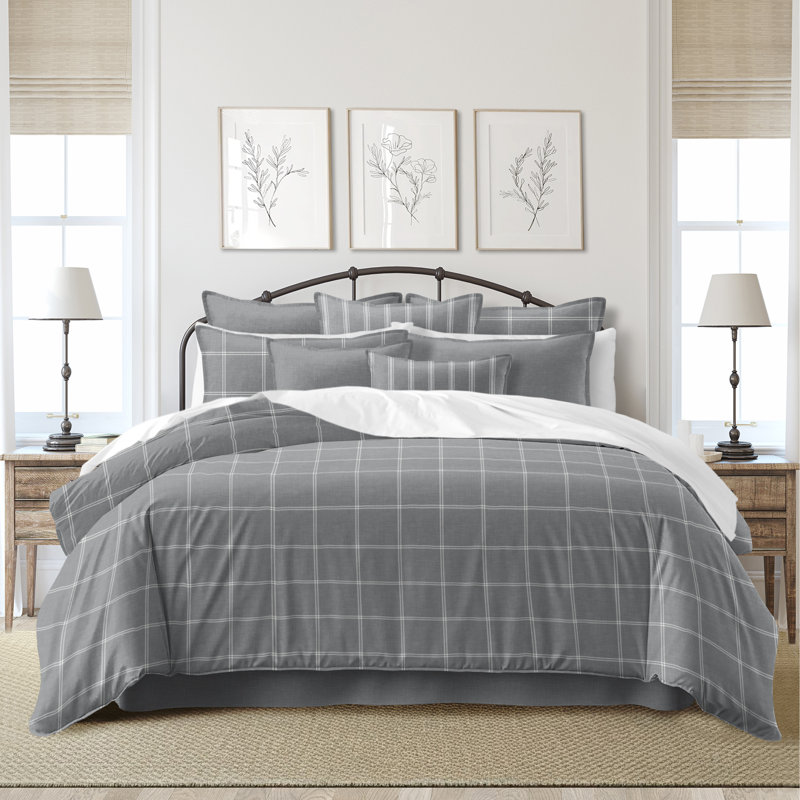 Shay Window Pane Gray Cotton Comforter Set  8 Piece, Twin Comforter + 7 Additional Pieces