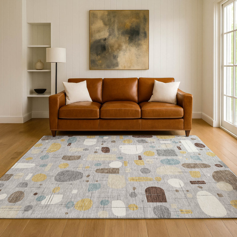 Premium Machine Washable Mayfield AMF2393 Geometric Rug, Silver, 5' x 7'6"