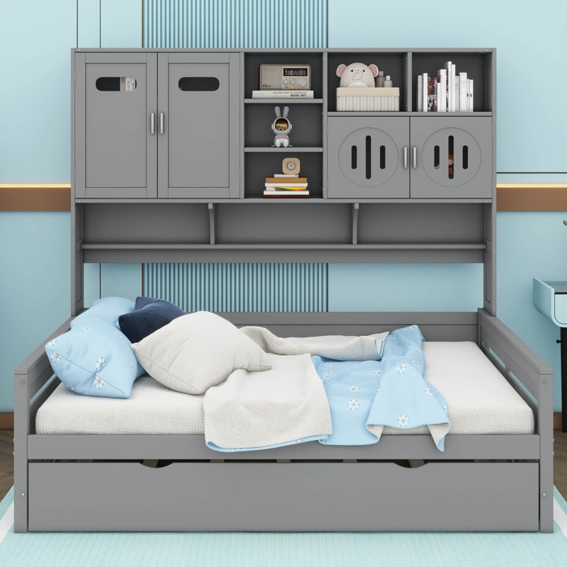 Élégant lit de jour en bois avec lit gigogne escamotable et armoire intégrée, Double, gris