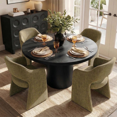 Ensemble de table de salle à manger pour 4 personnes avec table ronde en bois massif et 4 chaises rembourrées en tissu