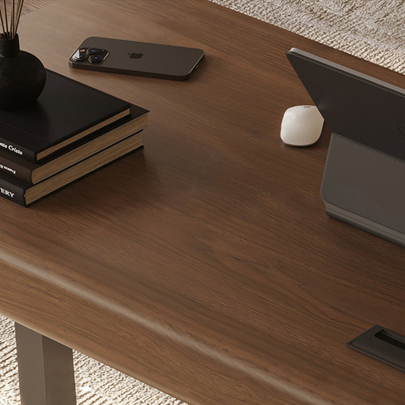 Bureau à 3 tiroirs brun noyer + bois manufacturé rectangulaire noir + acier, 50.39" H x 62.99" W x 23.62" D