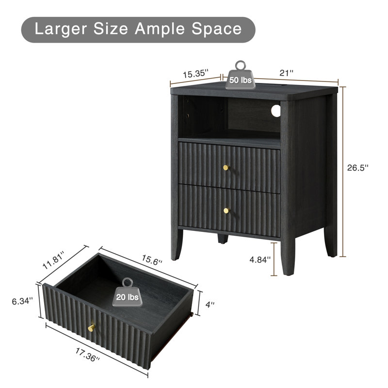 22" Nightstand with Charging Station, fluted set 2-Drawer Bedside Table with Open Shelf and Solid Wood Curved Legs, Black