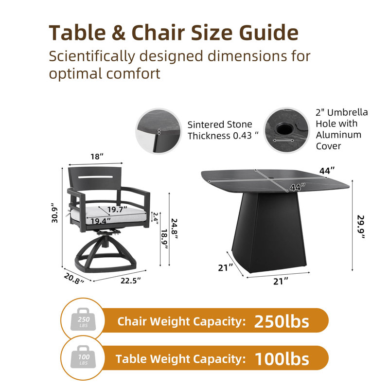 5-Piece Outdoor Dining Set with 44" Sintered Stone Table & 4 Swivel Rocking Rust-Free Aluminum Chairs, Sun brella Cushions, for Patio/Pool/Terrace, Durable & Stylish