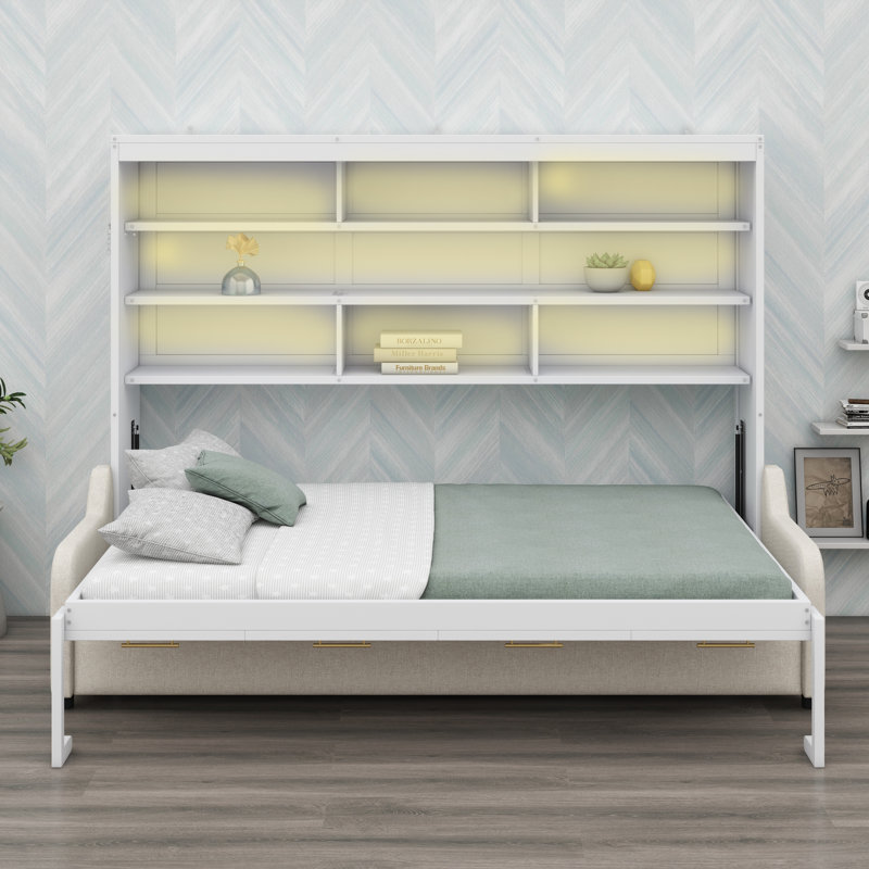 Lit armoire avec canapé escamotable Murphy, tablettes de rangement intégrées et éclairage DEL