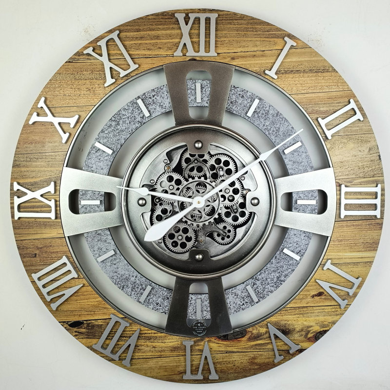 Oversized Wood and Stone Industrial Wall Clock with Real Moving Gears