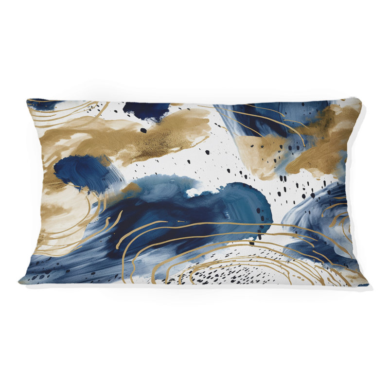Coussin décoratif à motif abstrait avec textures bleues et dorées II - Abstract Collages