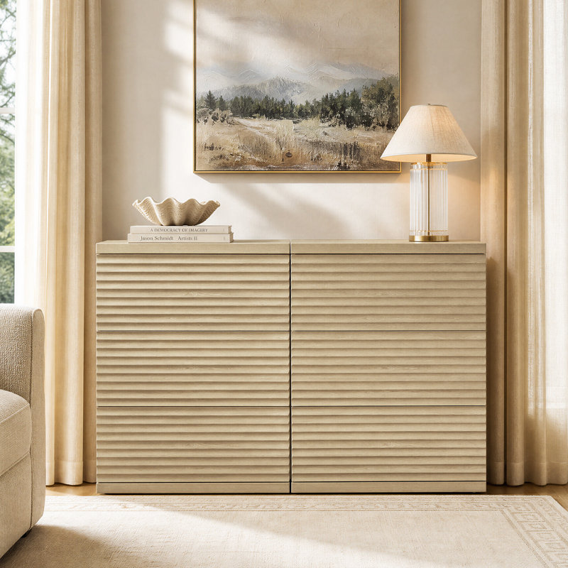 Modern Fluted 3-Drawer Cabinet With Pop - Up Design, Coastal Oak