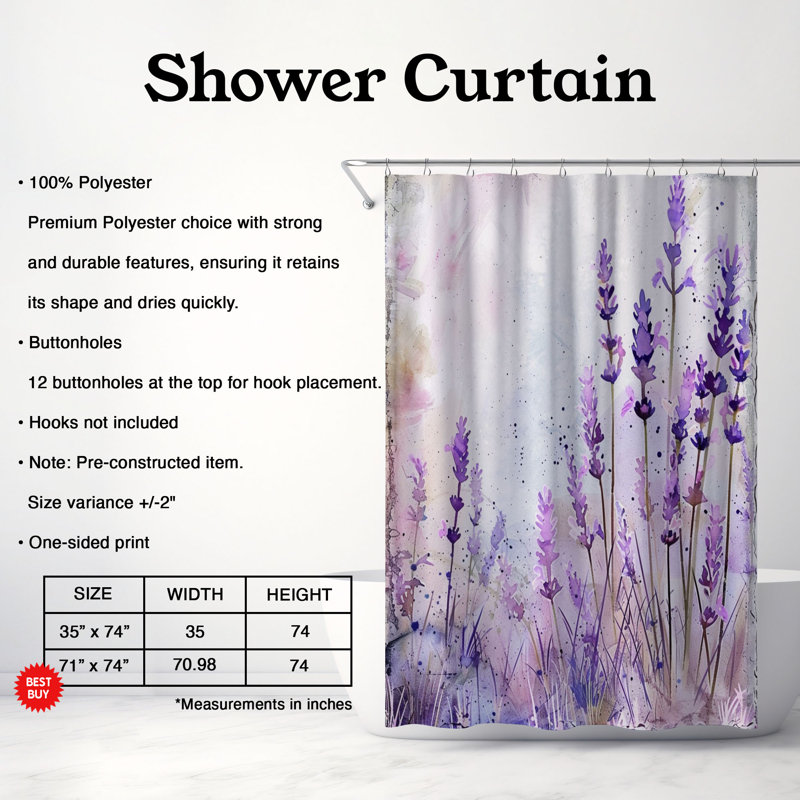 Rideau de douche standard 1 pièce Watercolor Lavender Landscape, H 74 po x l 71 po