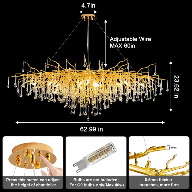 Lustre en cristal luxueux à intensité variable K9 pour salle à manger, salon, chambre à coucher, Doré, 15
