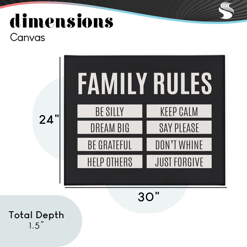Family Rules Simple, toile noire, conception par SD Graphics Studio, H 24 po x l 30 po