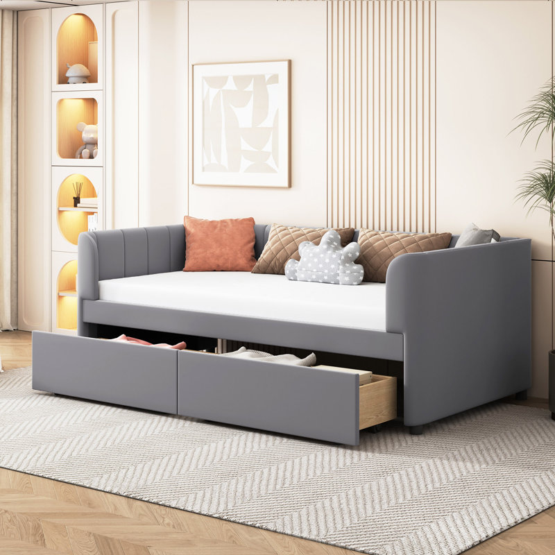 Lit de jour simple rembourré avec dossier ergonomique et 2 tiroirs, Gris