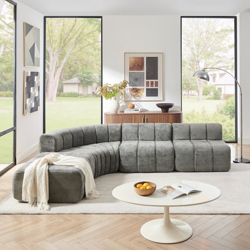 Canapé modulaire semi-incurvé modulaire en chenille avec repose-pieds mobile, aucun assemblage requis, Dark Grey Chenille