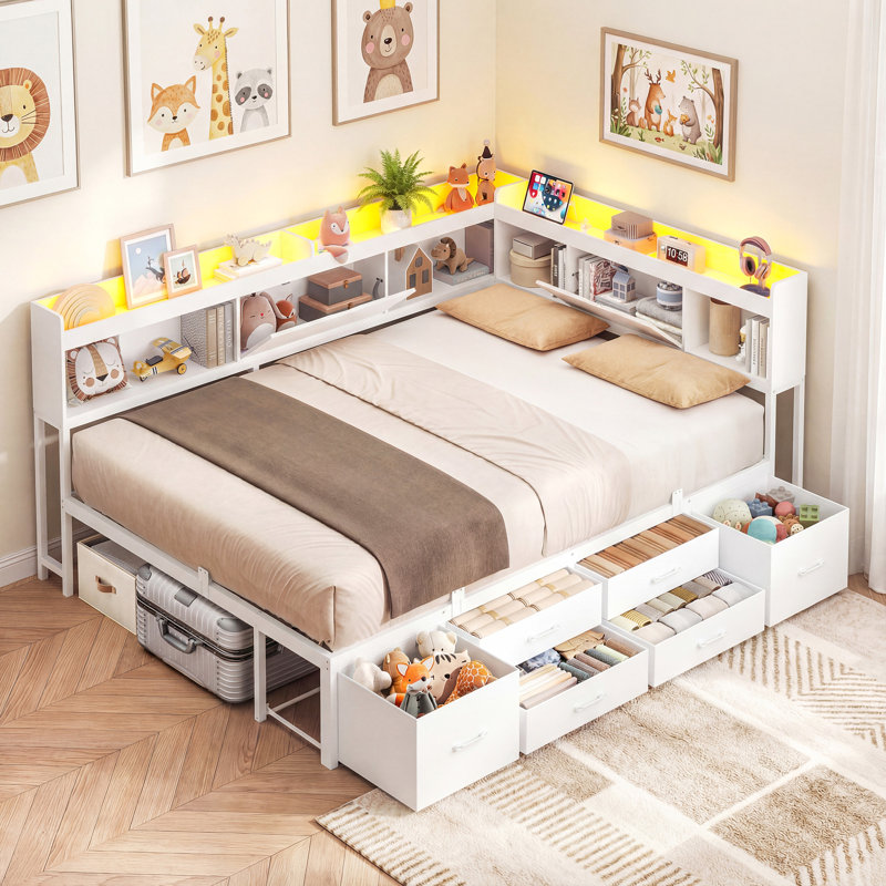 Full Corner Daybed Frame with 6 Drawers and Storage Bookcase Daybed with Charging Station and LED Lights, White, Full/Double