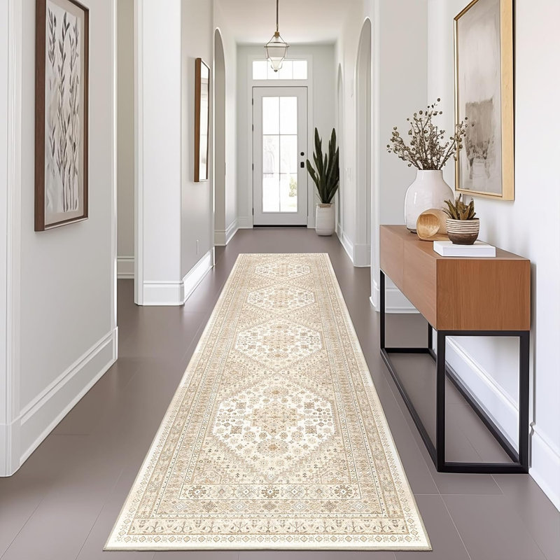 Medallion Non Slip Washable Rug(Cream), Runner 2' x 8'