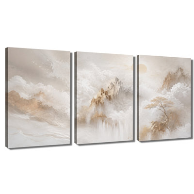 «Light Golden», encre de Chine, cascade, nuage, soleil, oiseau, 3 pièces