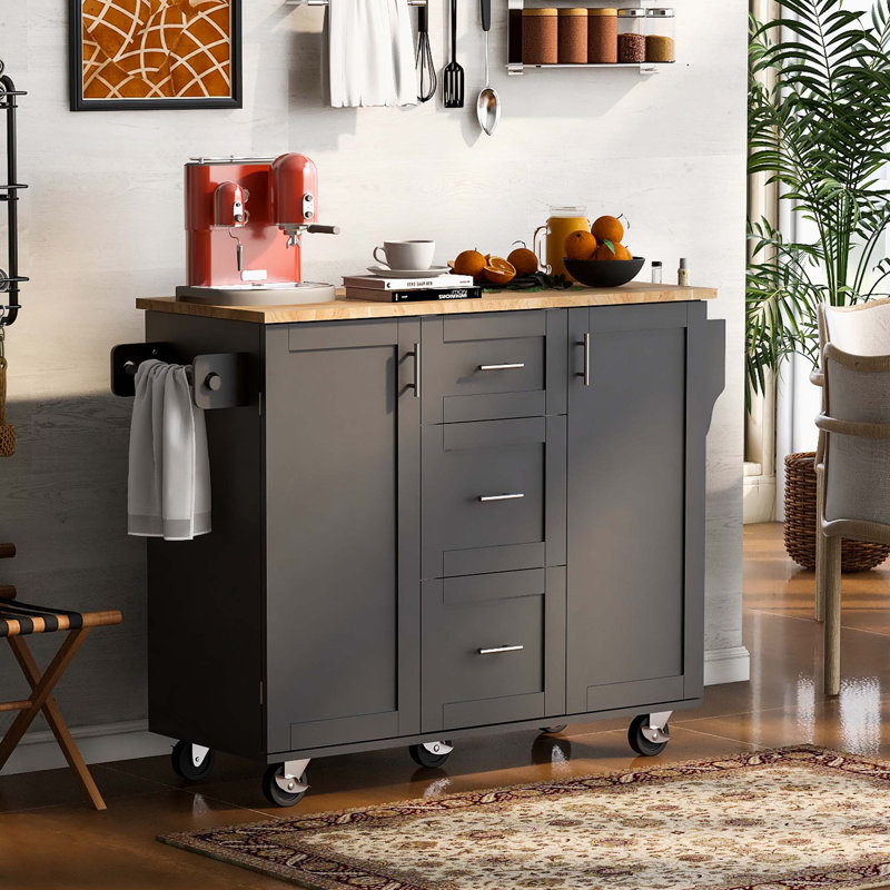 Îlot de cuisine roulant avec rangement, chariot de cuisine avec plateau en bois d'hévéa, 3 tiroirs, 2 tablettes coulissantes et support de rangement interne, îlot de cuisine sur roulettes avec support à épices et support à tour