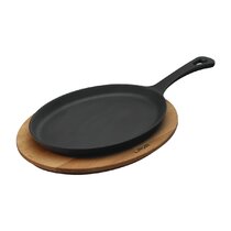 Choice 9 1/4 x 7 Oval Pre-Seasoned Cast Iron Fajita Skillet with Natural  Finish Wood Underliner