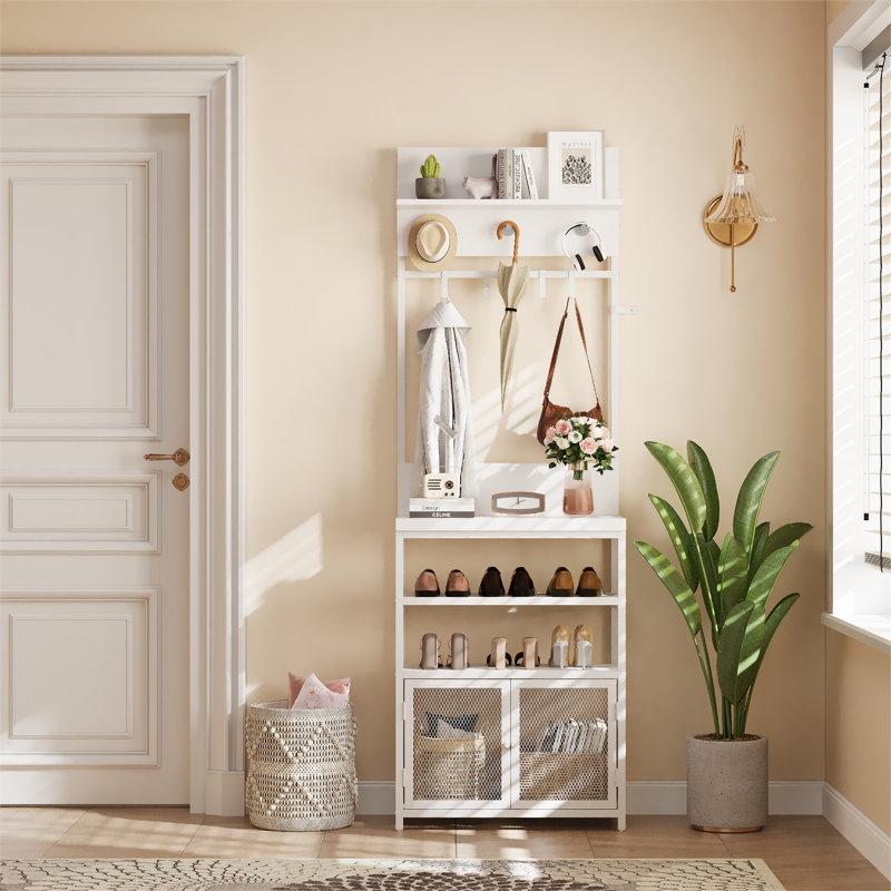 Portemanteau avec portes en blanc - porte-manteau étroit à 72,8 pouces avec 7 crochets pour l'entrée, la chambre à coucher ou le vestibule