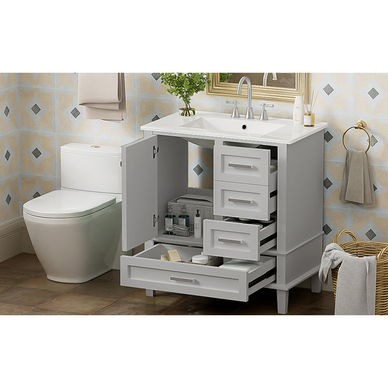 Ensemble de meuble-lavabo moderne avec lavabo 30 po, meuble-lavabo moderne avec porte à fermeture douce et 3 tiroirs, structure en bois massif